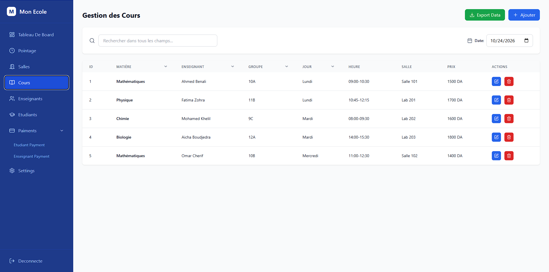 Mon École school management dashboard showing attendance, courses, and financial analytics